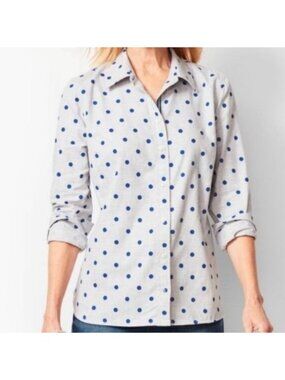 Talbots Grey Blue Polkadot Button Up Long Sleeve Shirt Women Size XL